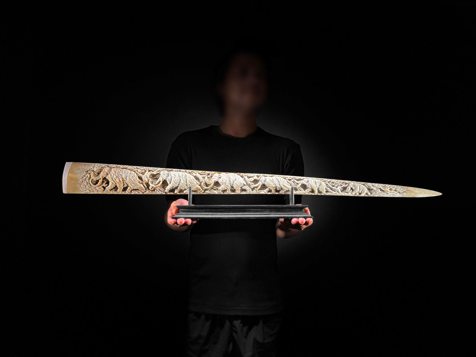 Large engraved Swordfish rostrum - Prehistoric Woolly Mammoth Scene - 2