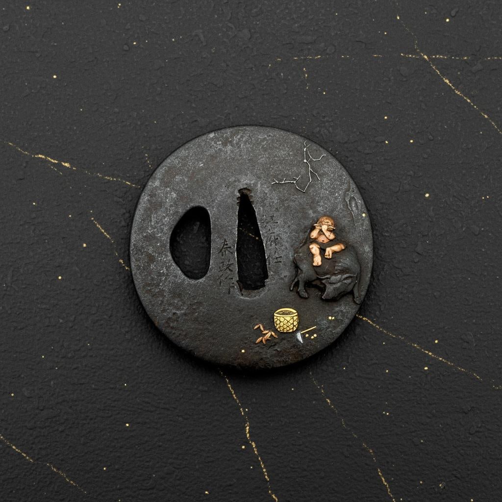 Antique Japanese Iron Tsuba by Harumasa Edo Period Zen Jugyu-zu Sword Guard: Title:Antique Japanese Iron Tsuba by Harumasa Edo Period Zen Jugyu-zu Sword Guard Description:This is an authentic antique Japanese tsuba for a NIHONTO sword, crafted during the late Edo period. The p