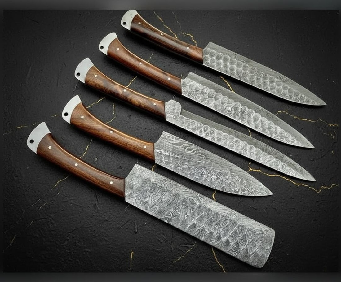 Hand Forged 5-Piece Damascus Steel Kitchen Knife Set with Twist Pattern Blades - 2