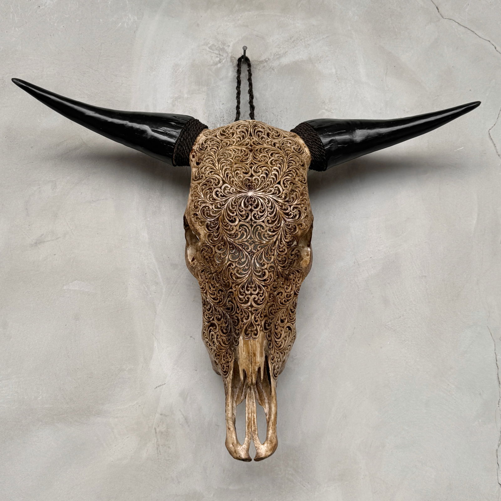 Brown carved bull's skull - Fern motif - 10