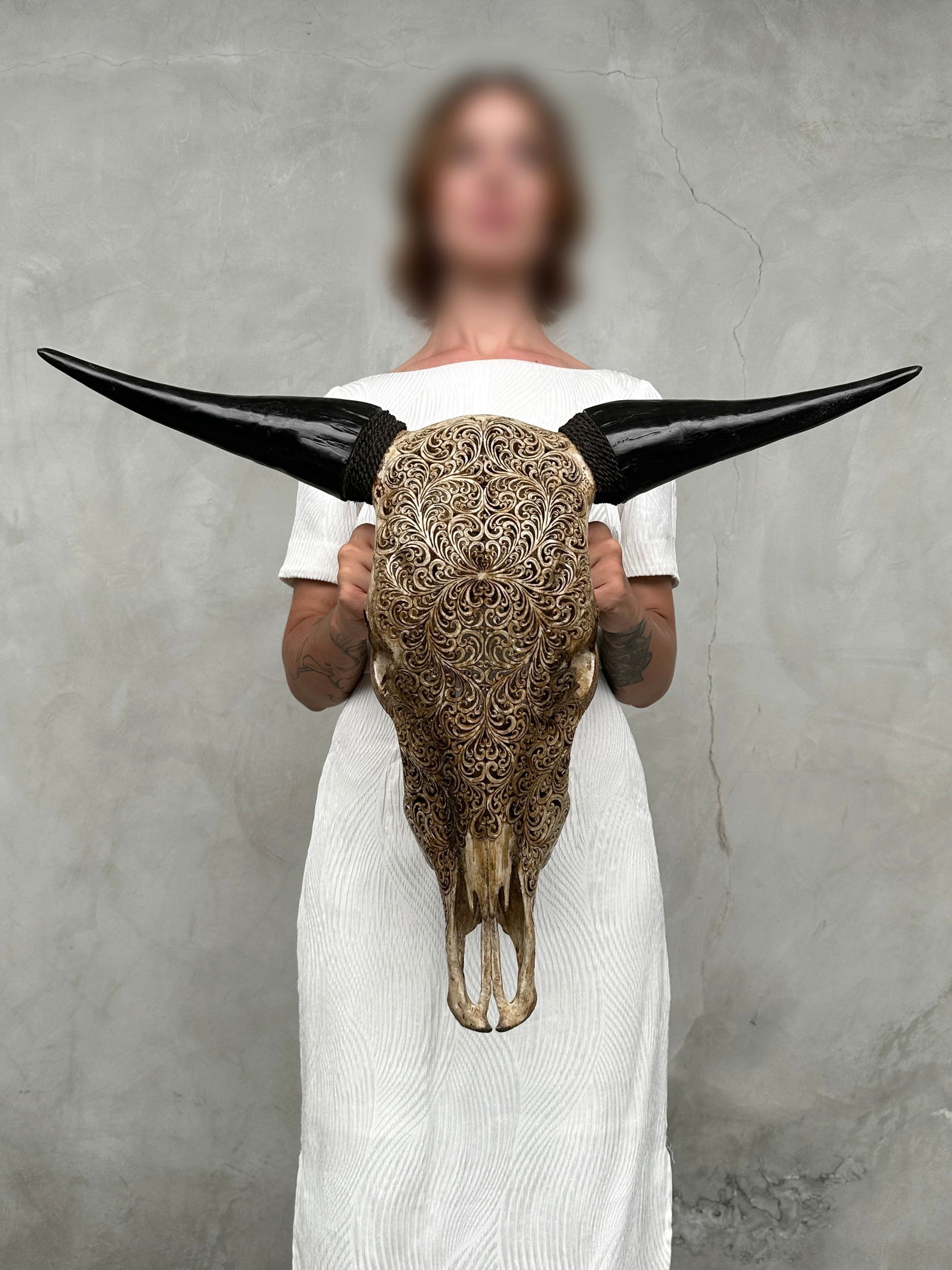 Brown carved bull's skull - Fern motif - 2