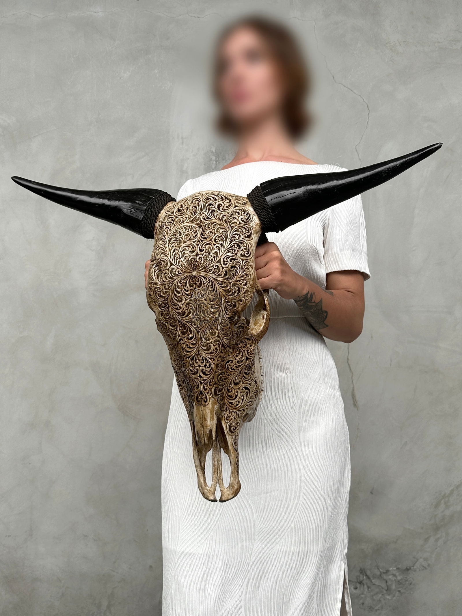 Brown carved bull's skull - Fern motif - 3