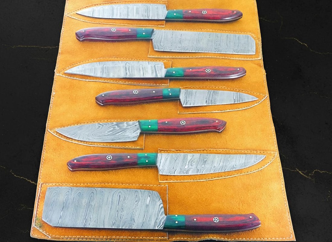 Hand Forged Damascus Steel Chef Knife Set 7-Piece with Pakkawood Handles & Sheath - 10