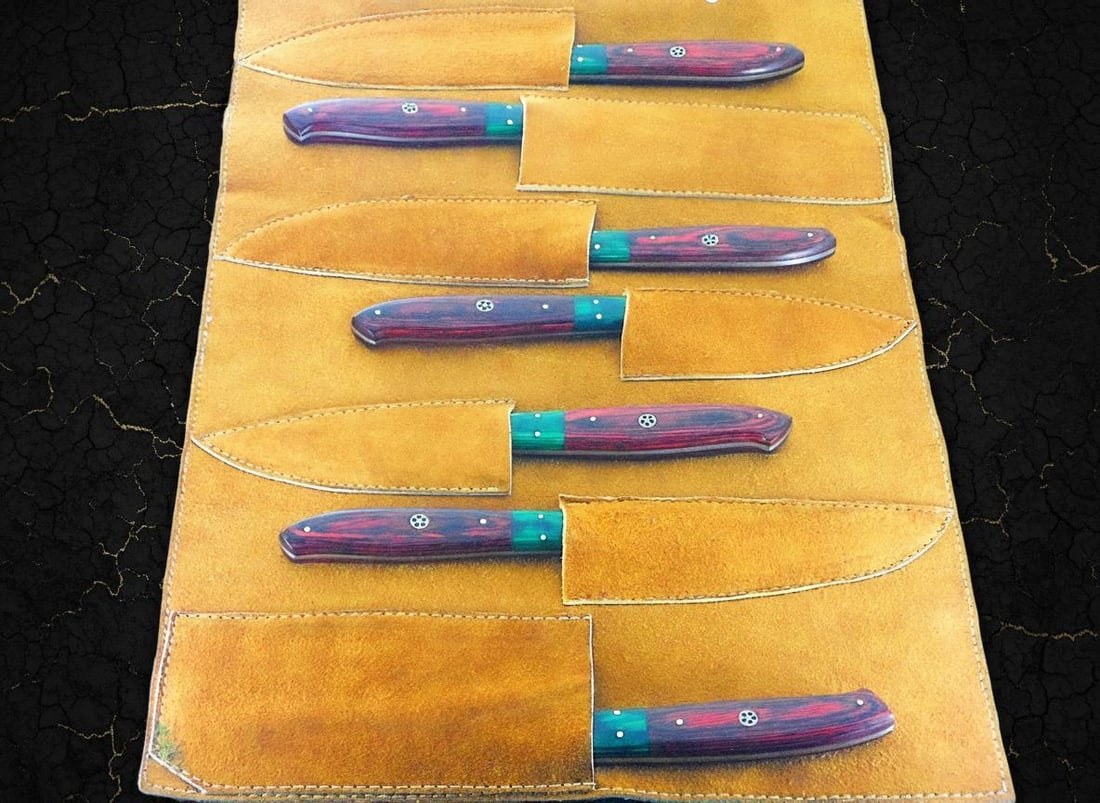 Hand Forged Damascus Steel Chef Knife Set 7-Piece with Pakkawood Handles & Sheath - 11