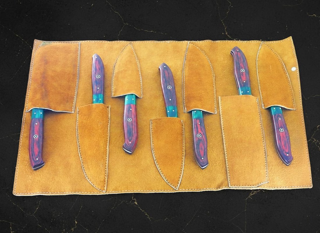 Hand Forged Damascus Steel Chef Knife Set 7-Piece with Pakkawood Handles & Sheath - 12