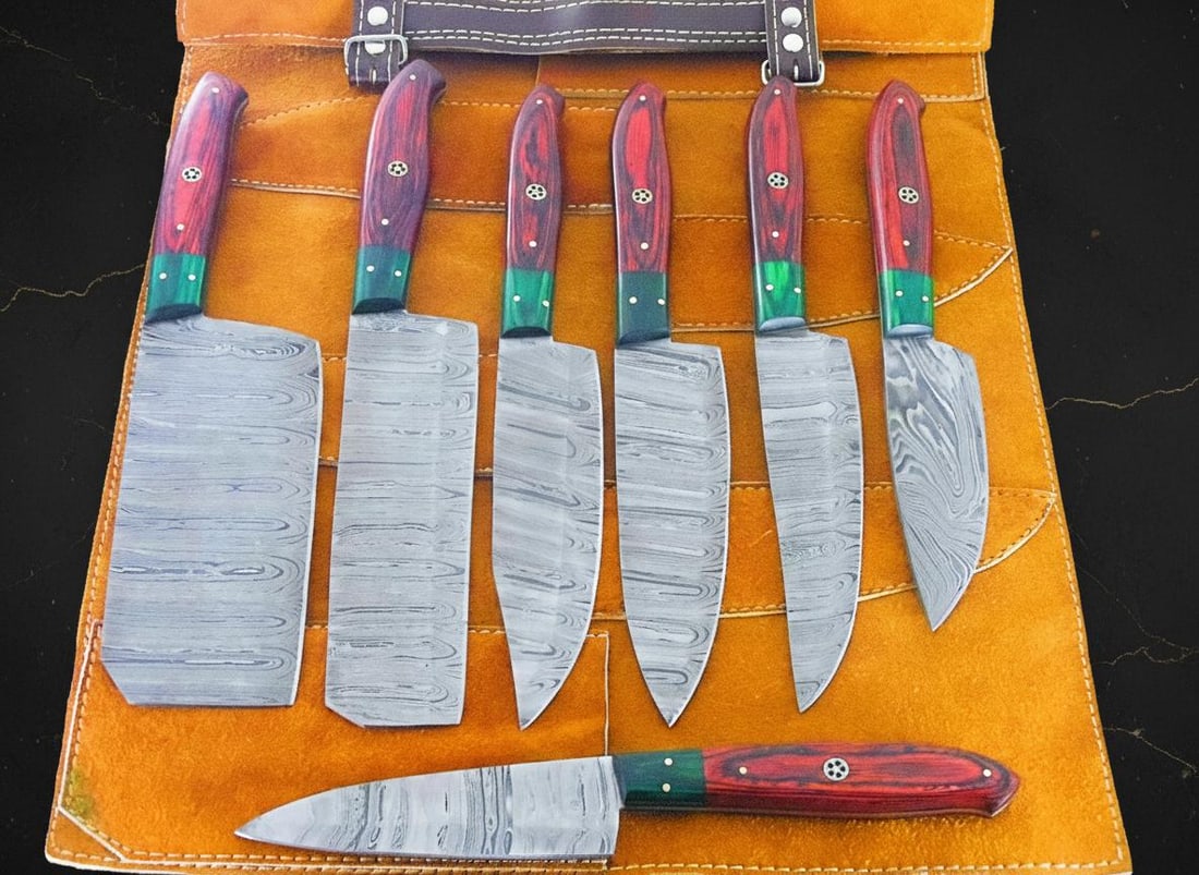 Hand Forged Damascus Steel Chef Knife Set 7-Piece with Pakkawood Handles & Sheath: Title:Hand Forged Damascus Steel Chef Knife Set 7-Piece with Pakkawood Handles & SheathDescription:This listing is for a custom, hand-forged 7-piece chef knife set, suitable for both kitchen and BBQ