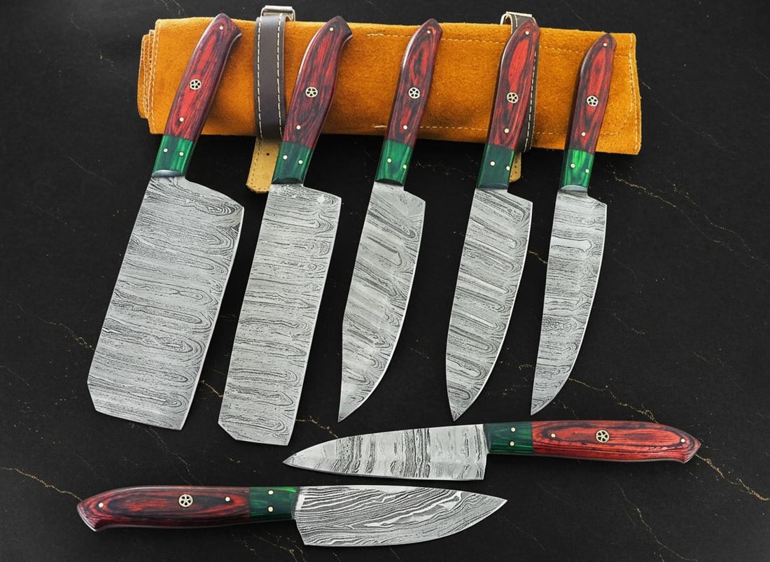 Hand Forged Damascus Steel Chef Knife Set 7-Piece with Pakkawood Handles & Sheath - 2