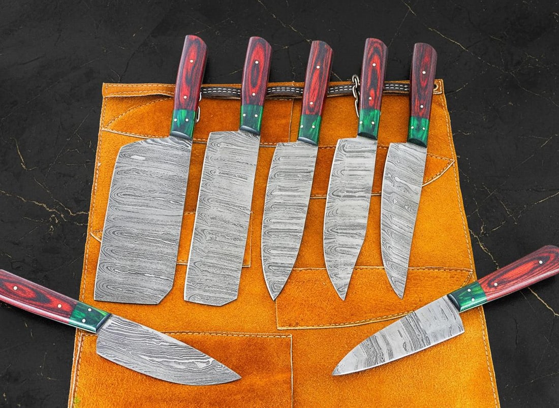 Hand Forged Damascus Steel Chef Knife Set 7-Piece with Pakkawood Handles & Sheath - 4