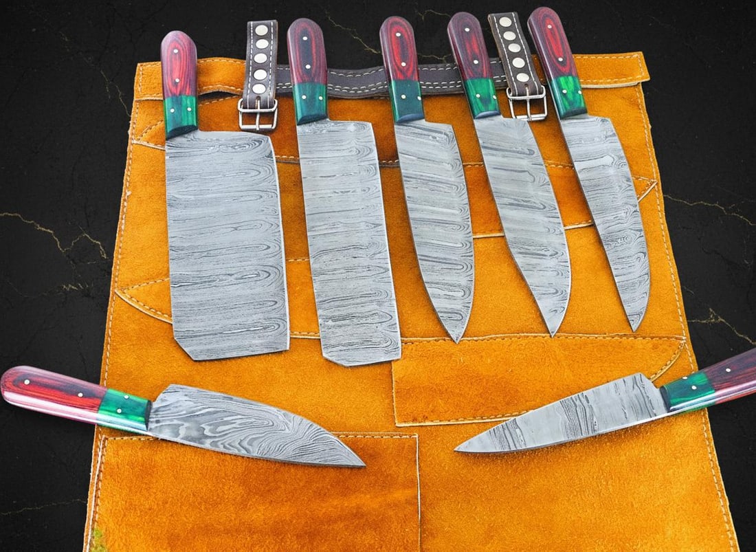 Hand Forged Damascus Steel Chef Knife Set 7-Piece with Pakkawood Handles & Sheath - 5
