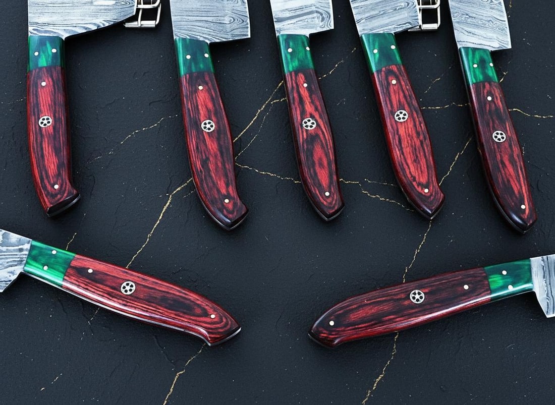 Hand Forged Damascus Steel Chef Knife Set 7-Piece with Pakkawood Handles & Sheath - 8