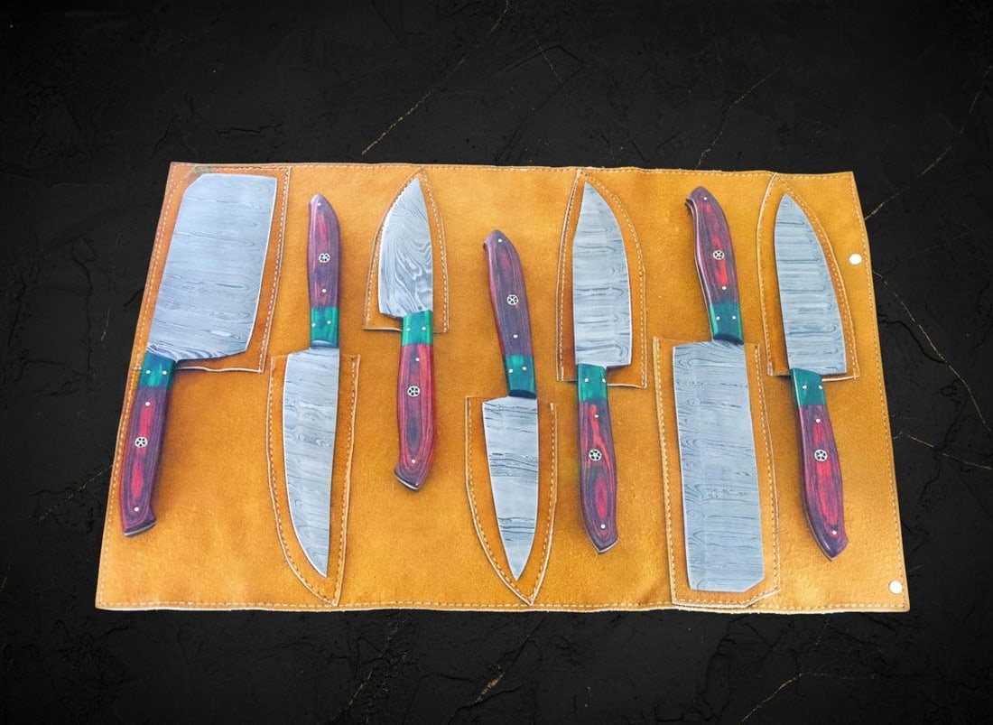 Hand Forged Damascus Steel Chef Knife Set 7-Piece with Pakkawood Handles & Sheath - 9
