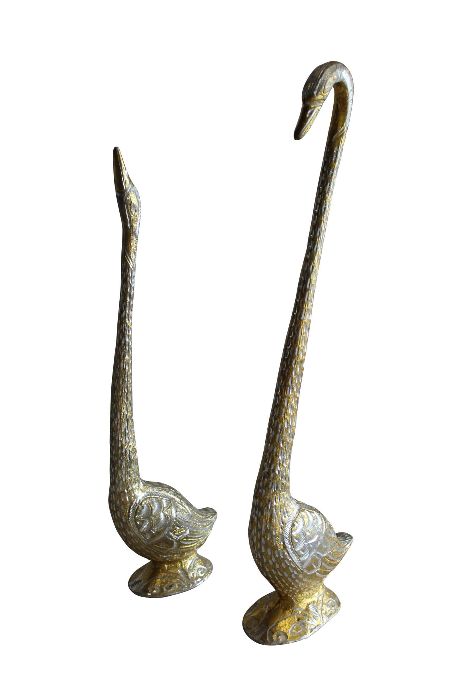 Aluminum Pair of Swans with Gold and Silver Finish 8" x 6" x 22"H: Title:Aluminum Pair of Swans with Gold and Silver Finish 8" x 6" x 22"H Description:Introducing our oversized fiberglass lollipop statue in green and pink. Handcrafted and casted, this vibrant piece a