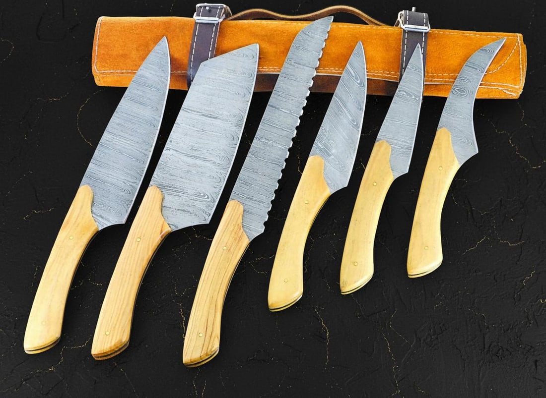 Hand Forged Damascus Steel Chef Knife Set 6-Piece Kitchen Knives Olive Wood Handle - 2