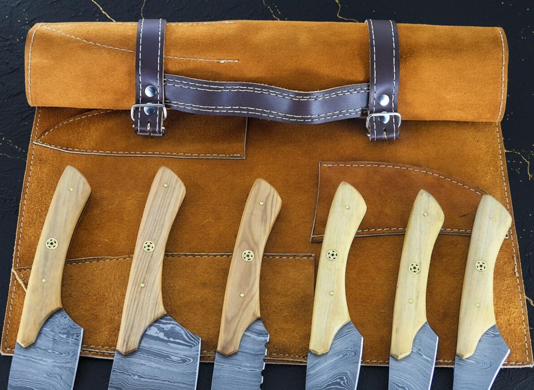 Hand Forged Damascus Steel Chef Knife Set 6-Piece Kitchen Knives Olive Wood Handle - 3