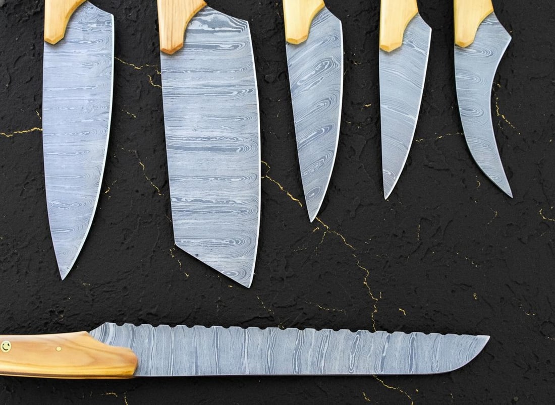 Hand Forged Damascus Steel Chef Knife Set 6-Piece Kitchen Knives Olive Wood Handle - 5