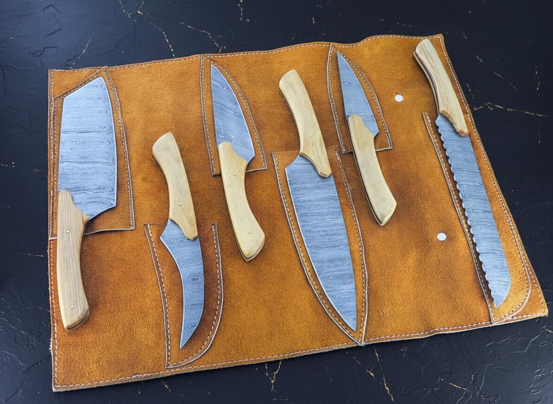 Hand Forged Damascus Steel Chef Knife Set 6-Piece Kitchen Knives Olive Wood Handle - 7