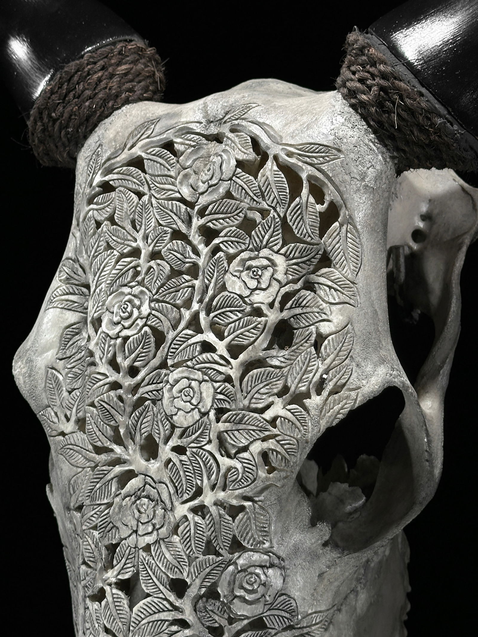 Carved grey cow skull - Roses Motif - 10