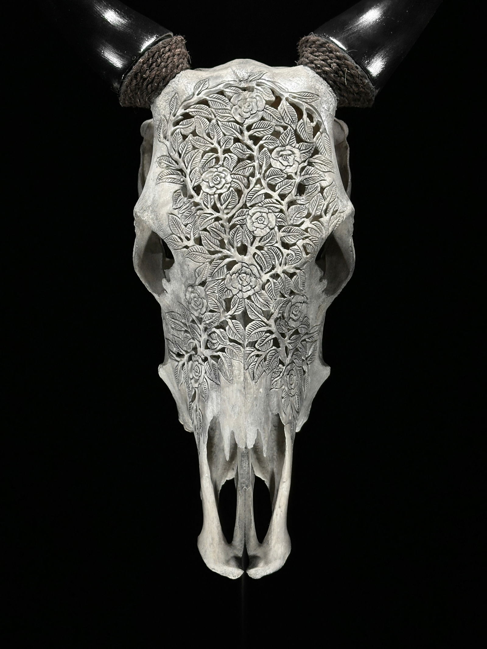 Carved grey cow skull - Roses Motif - 2