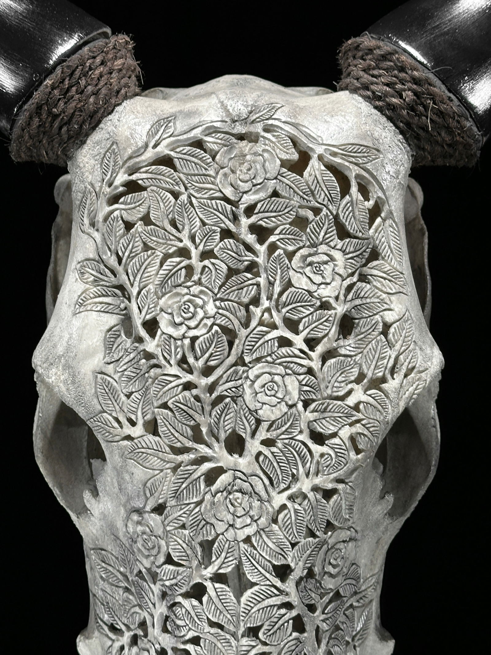 Carved grey cow skull - Roses Motif - 3