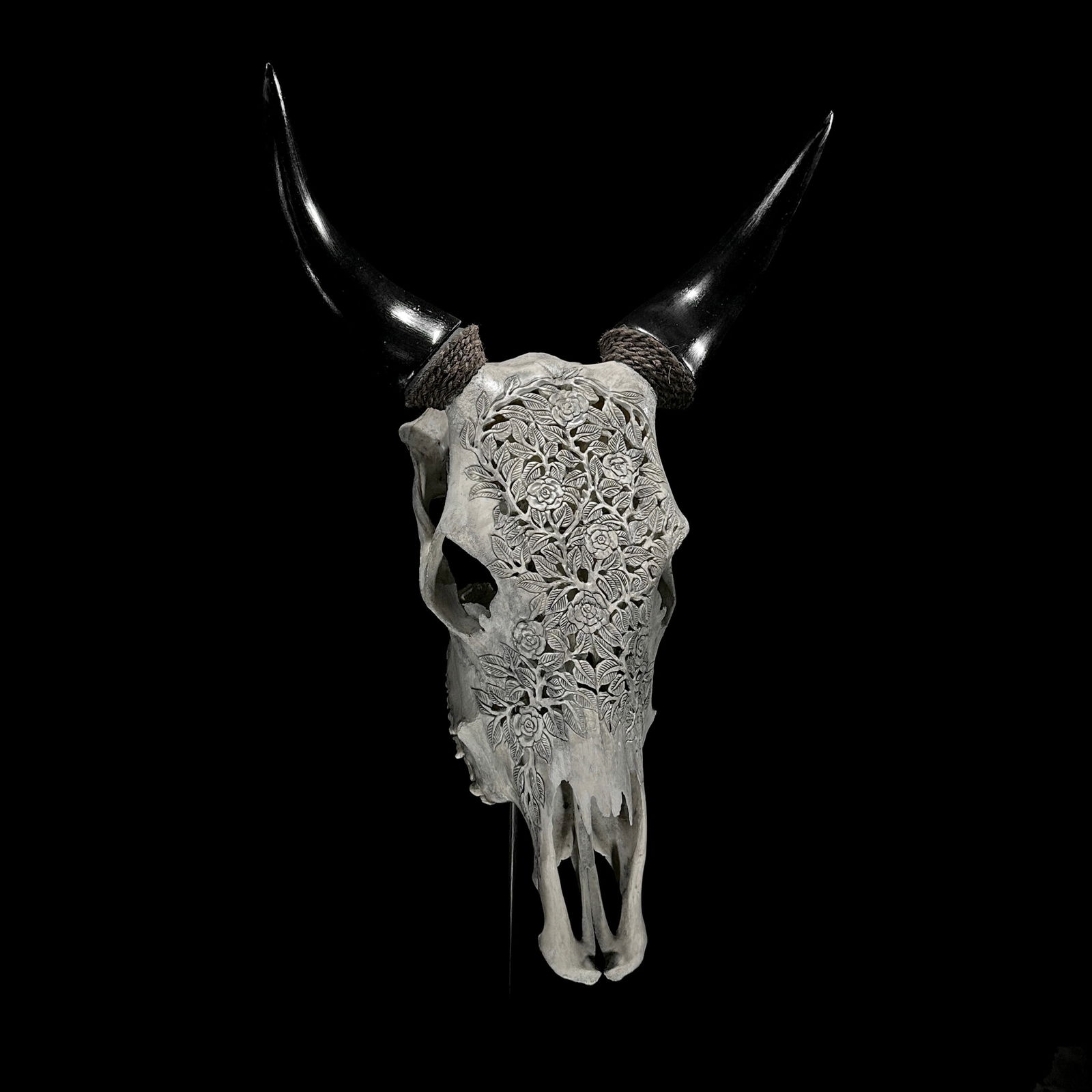 Carved grey cow skull - Roses Motif - 5