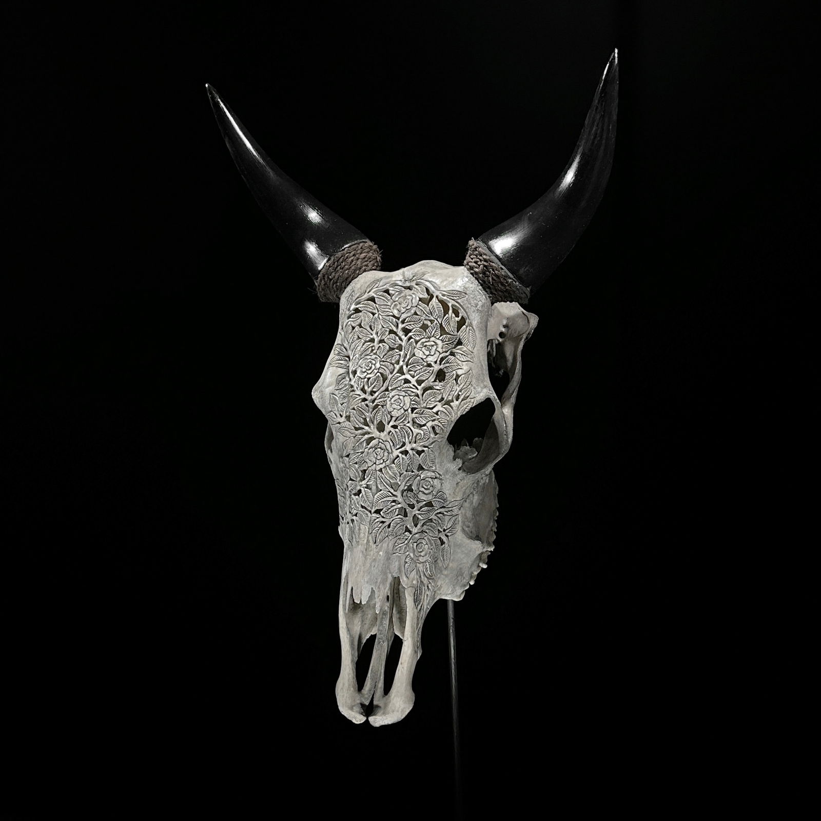 Carved grey cow skull - Roses Motif - 8