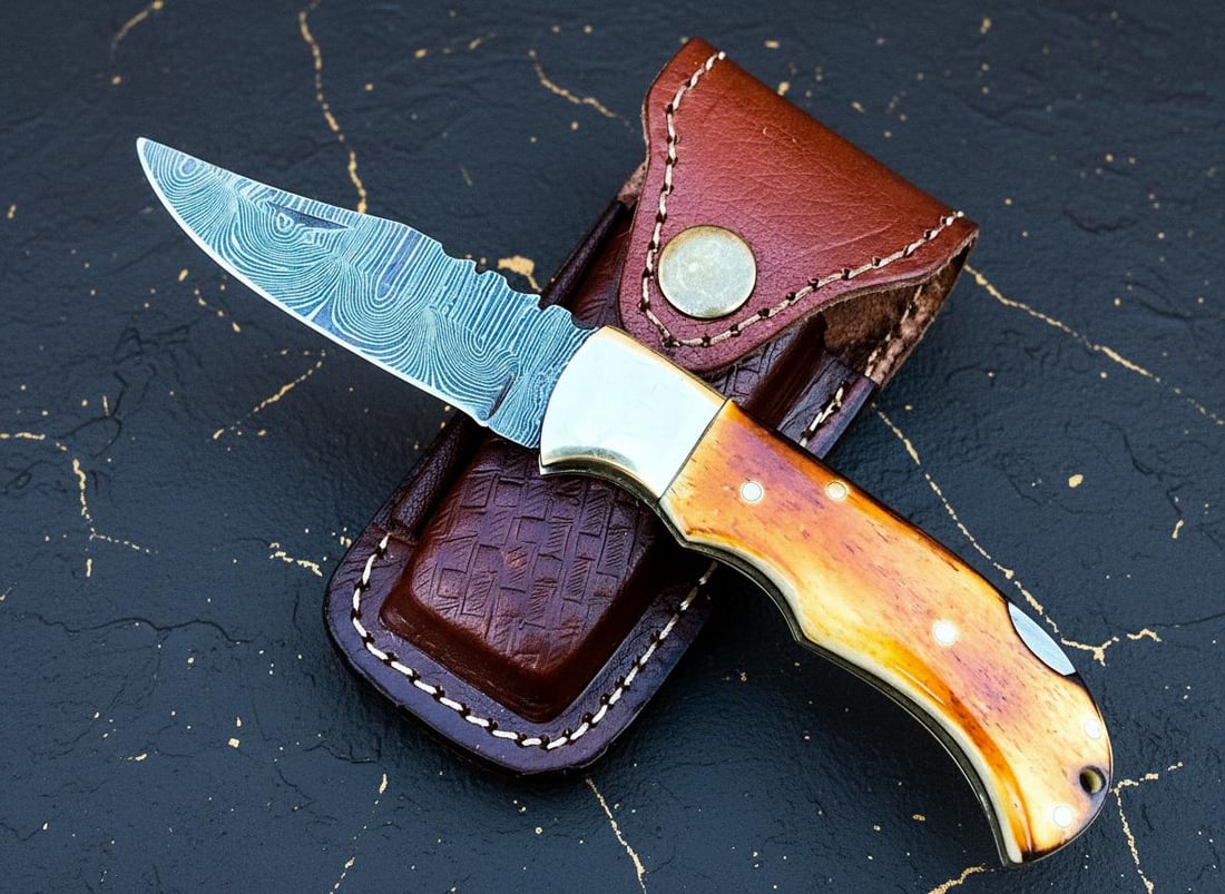 Twisted Damascus Steel Folding Pocket Knife with Burnt Camel Bone Handle and Sheath: Title:Twisted Damascus Steel Folding Pocket Knife with Burnt Camel Bone Handle and SheathDescription:This hand forged folding pocket knife features a distinctive blade made from pattern welded