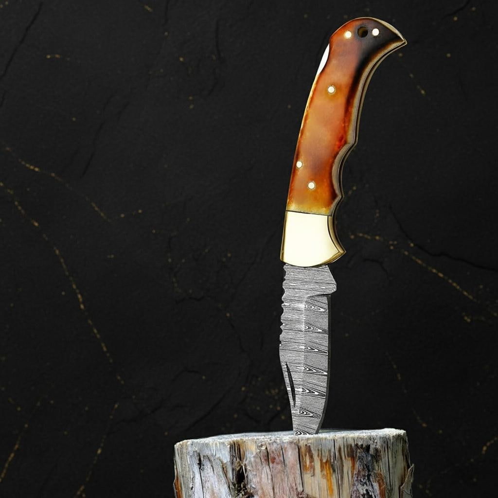 Twisted Damascus Steel Folding Pocket Knife with Burnt Camel Bone Handle and Sheath - 2