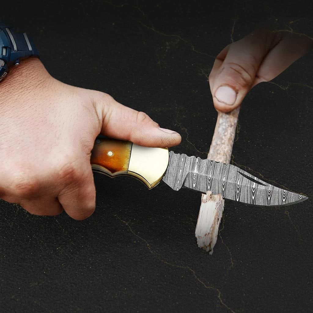 Twisted Damascus Steel Folding Pocket Knife with Burnt Camel Bone Handle and Sheath - 3