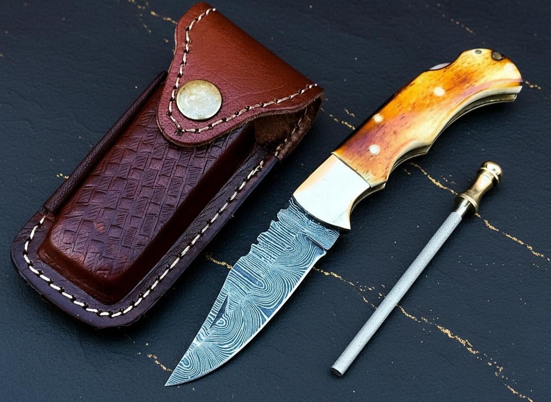 Twisted Damascus Steel Folding Pocket Knife with Burnt Camel Bone Handle and Sheath - 6