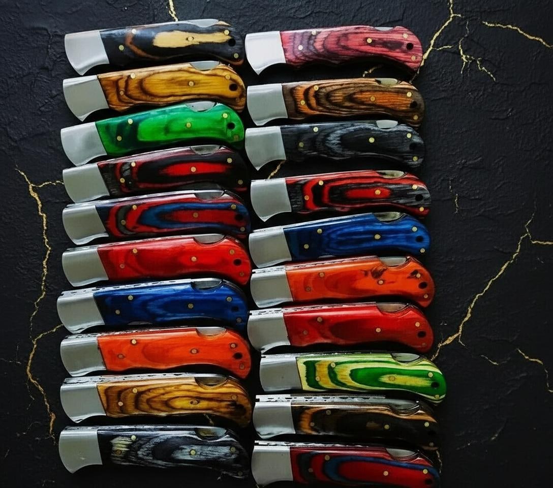 Lot of 20 Damascus Steel Folding Hunting Knives with Wood Handles & Leather Sheaths - 2