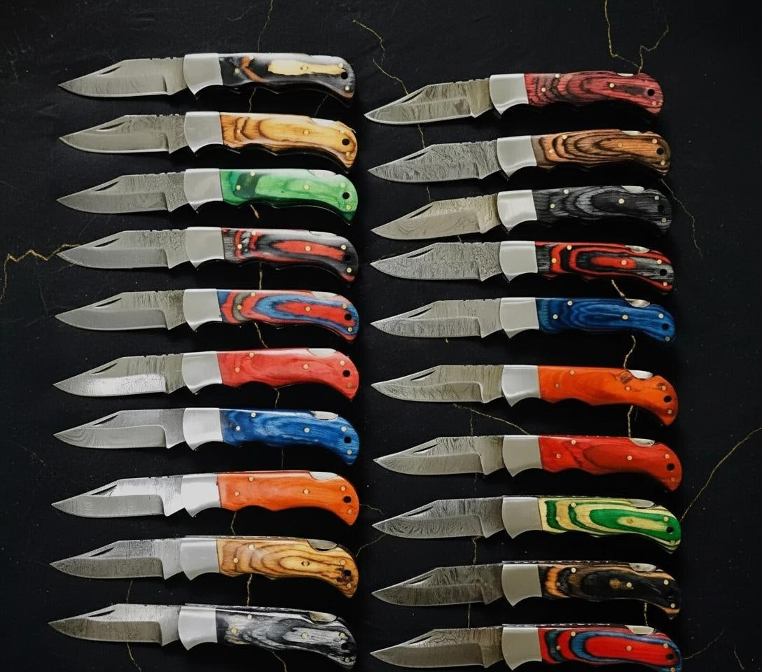 Lot of 20 Damascus Steel Folding Hunting Knives with Wood Handles & Leather Sheaths - 3