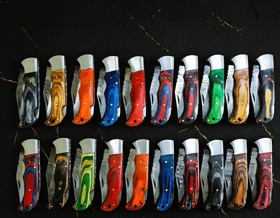 Lot of 20 Damascus Steel Folding Hunting Knives with Wood Handles & Leather Sheaths - 4