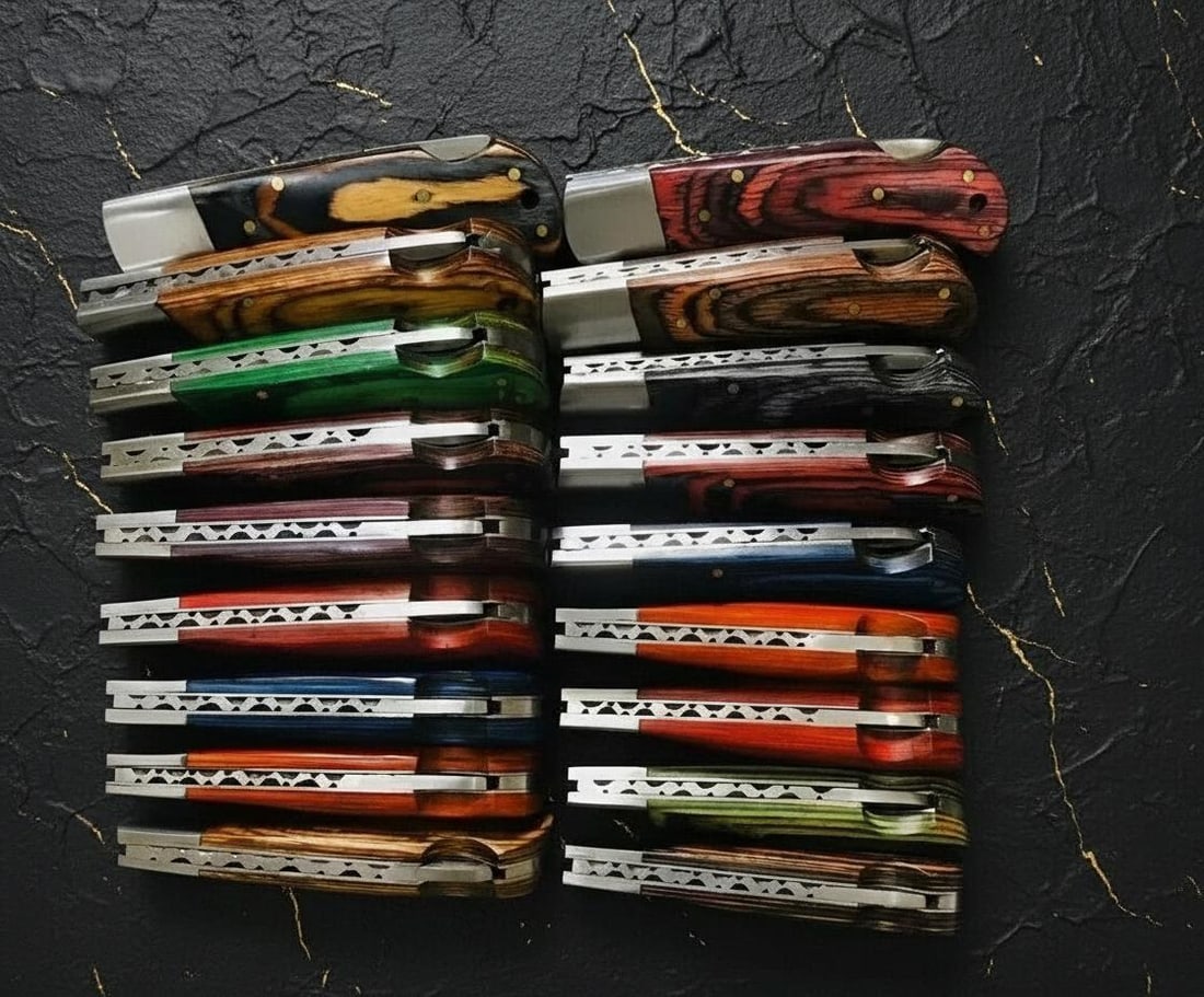 Lot of 20 Damascus Steel Folding Hunting Knives with Wood Handles & Leather Sheaths - 5