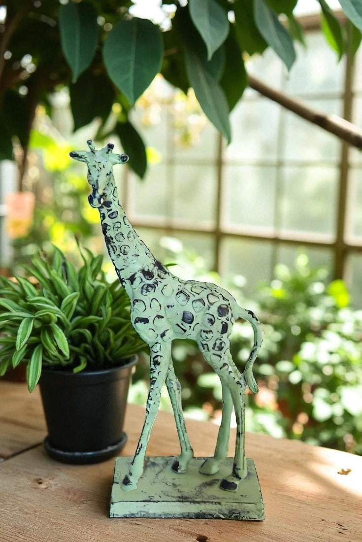 Green Patina Aluminum Statue of a Giraffe Echoing Nature Grace 8" x 4" x 18"H - 3