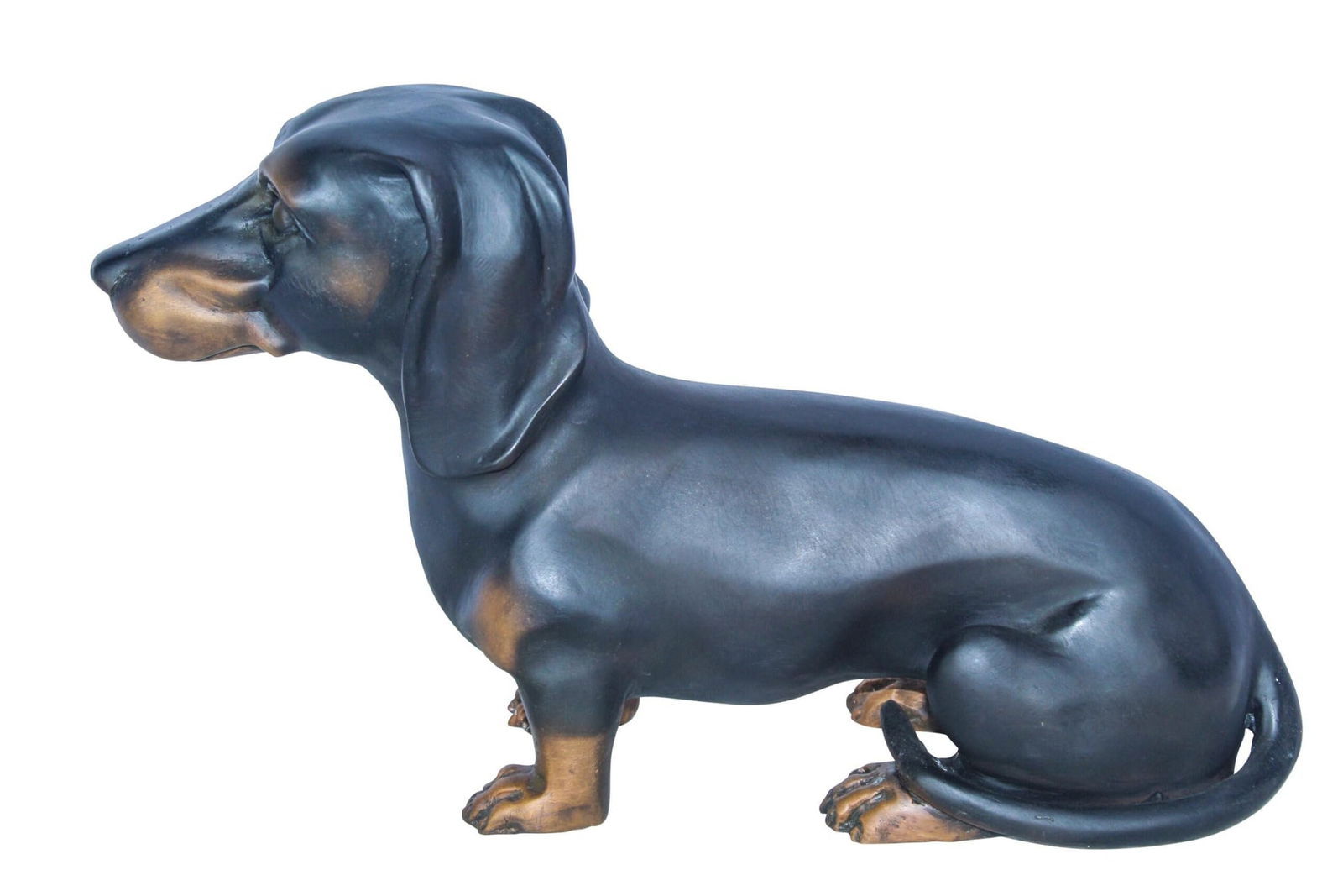 Adorable Dachshund Dog Sitting Bronze Statue 17" x 5" x 10"H: Title:Adorable Dachshund Dog Sitting Bronze Statue 17" x 5" x 10"HDescription:Adorable dachshund dog sitting bronze statue, handcrafted and casted using traditional lost wax method. This charming