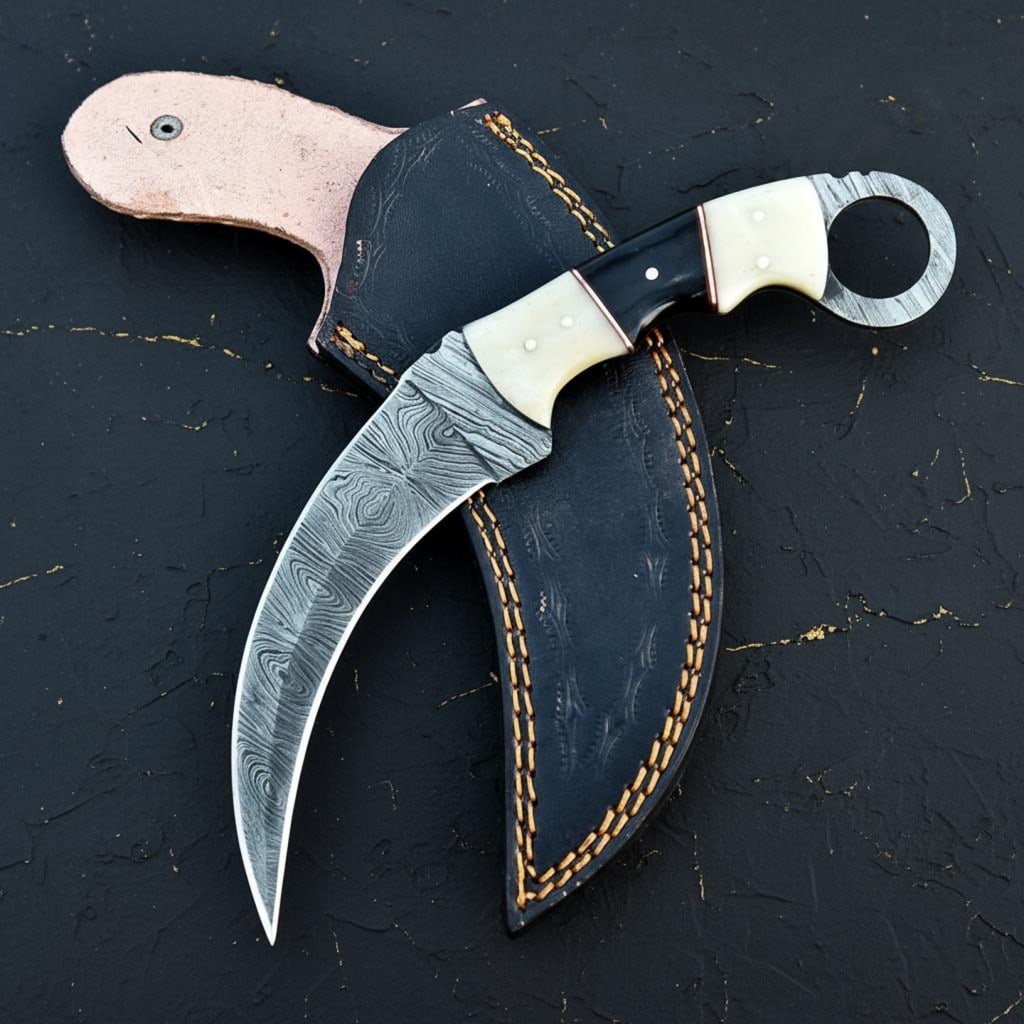 10" Hand Forged Damascus Steel Karambit Knife | Bone Resin Handle & Leather Sheath - 2