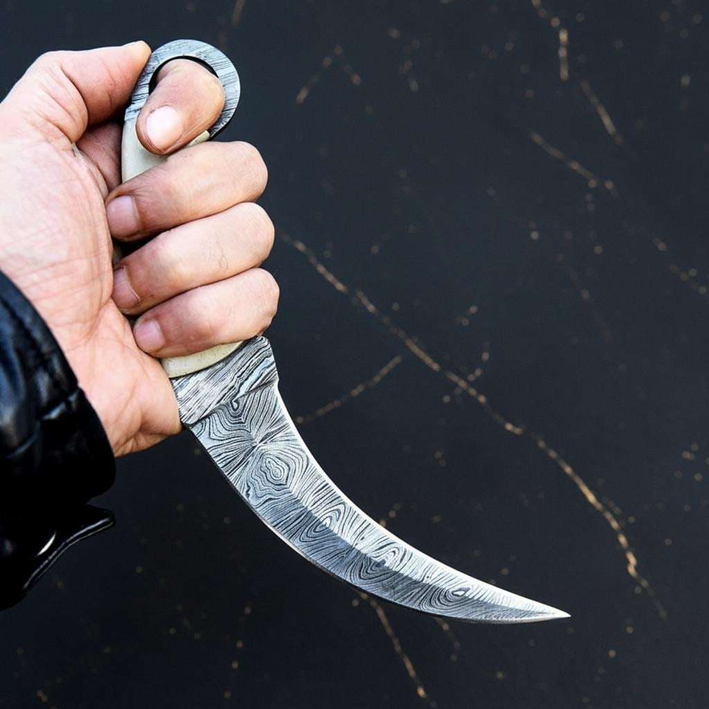 10" Hand Forged Damascus Steel Karambit Knife | Bone Resin Handle & Leather Sheath - 3