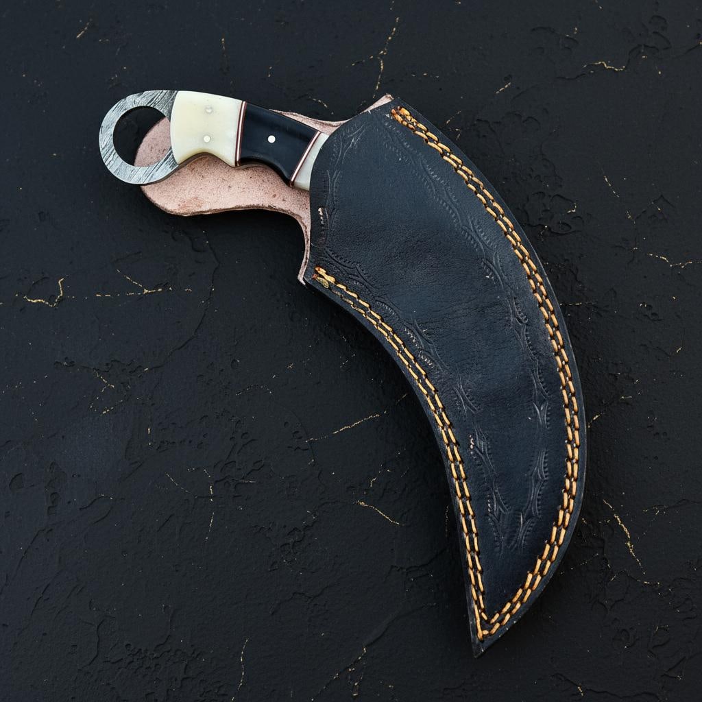 10" Hand Forged Damascus Steel Karambit Knife | Bone Resin Handle & Leather Sheath - 5