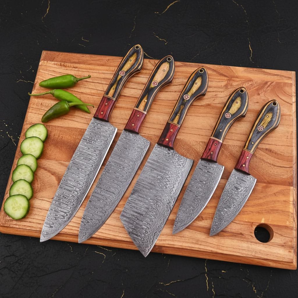 Forged Damascus Steel Kitchen Knife Set, 5 Piece Handmade Chef Knives with Rosewood Handles and: Title:Forged Damascus Steel Kitchen Knife Set, 5 Piece Handmade Chef Knives with Rosewood Handles and Leather Roll BagDescription:This listing is for a 5-piece handmade chef knife set, expertly