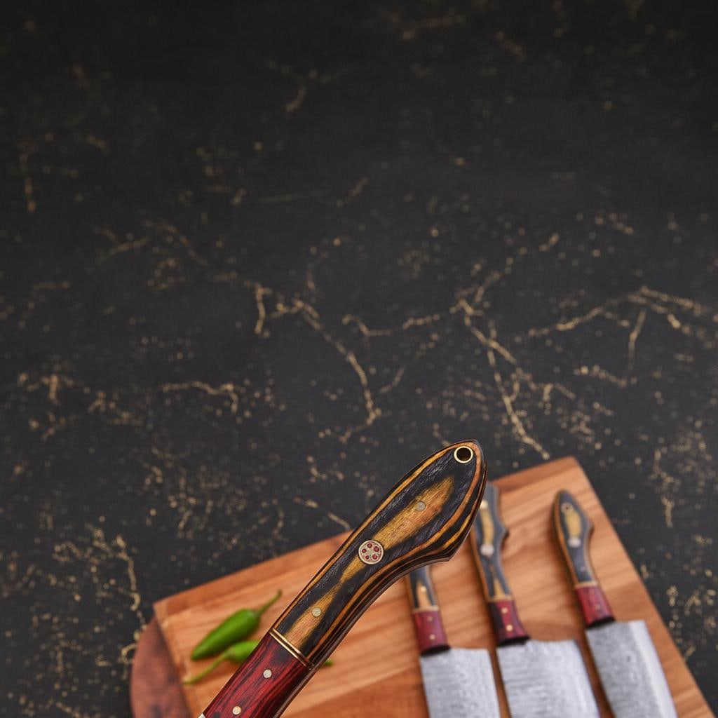 Forged Damascus Steel Kitchen Knife Set, 5 Piece Handmade Chef Knives with Rosewood Handles and - 3