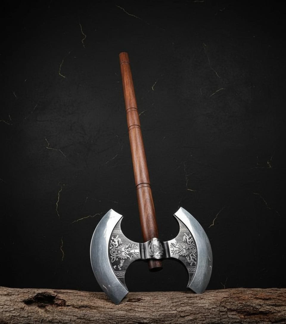 28" Two Handed Viking Battle Axe Hand Forged Double Blade 1066 Steel with Sheath: Title:28" Two Handed Viking Battle Axe Hand Forged Double Blade 1066 Steel with SheathDescription:This listing is for a custom hand forged, double headed Viking axe. This functional and ready to use