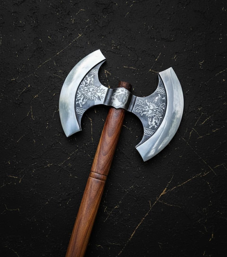 28" Two Handed Viking Battle Axe Hand Forged Double Blade 1066 Steel with Sheath - 2