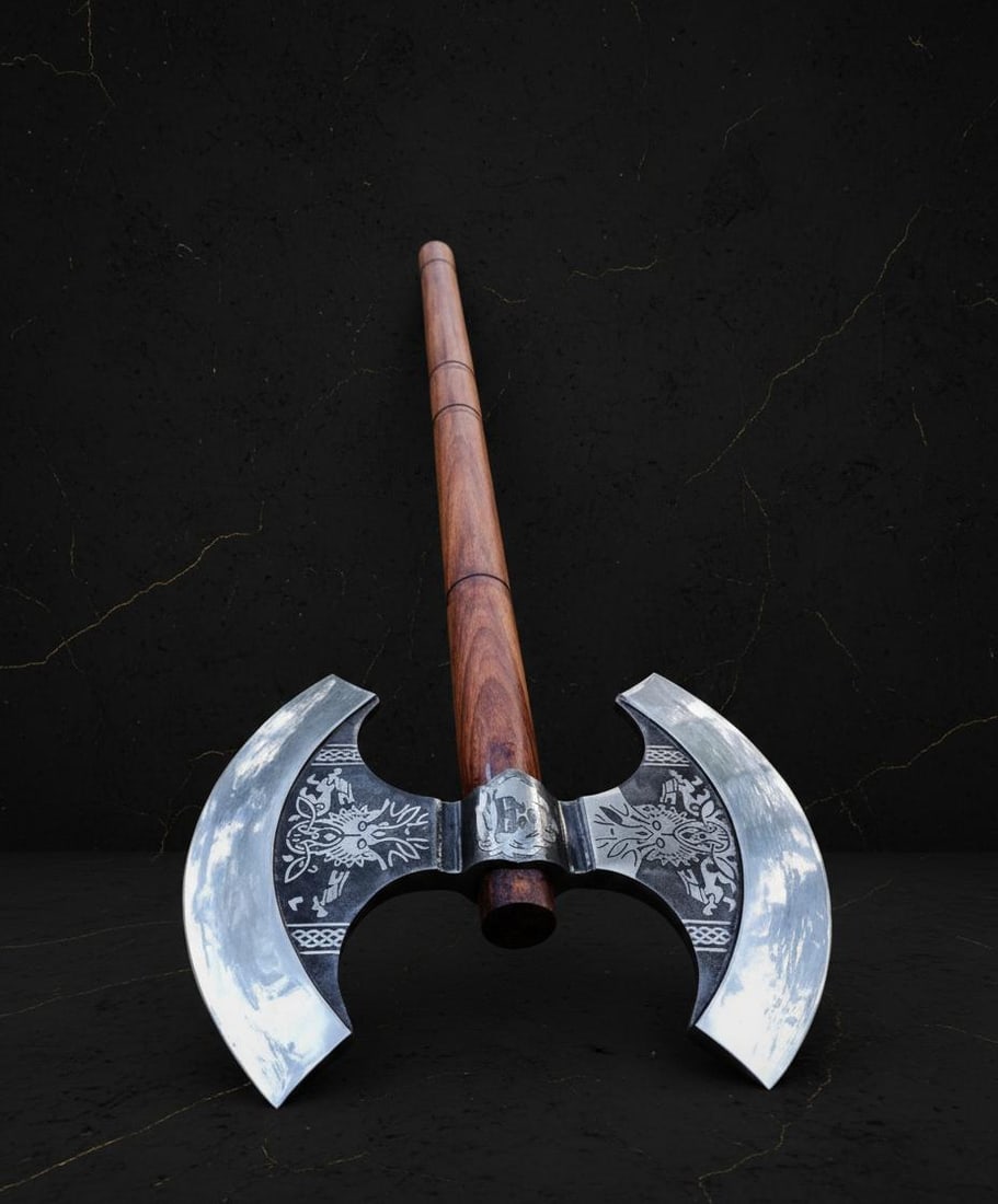 28" Two Handed Viking Battle Axe Hand Forged Double Blade 1066 Steel with Sheath - 3