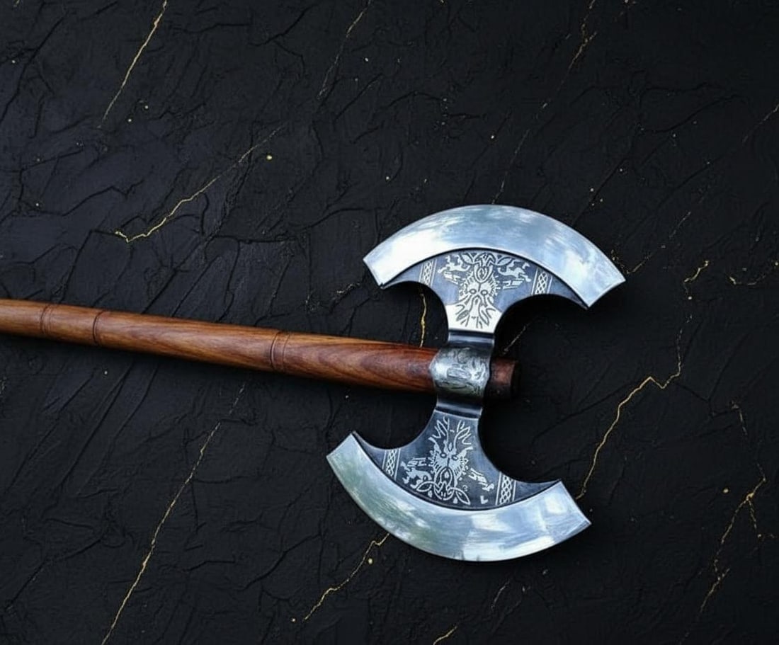 28" Two Handed Viking Battle Axe Hand Forged Double Blade 1066 Steel with Sheath - 4