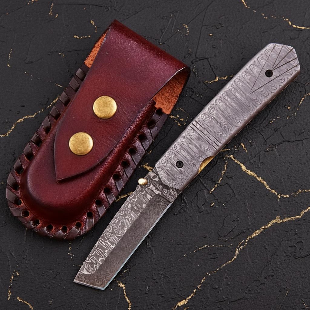 Hand Forged Twisted Damascus Steel Pocket Knife Custom Folding Liner Lock with Sheath - 2