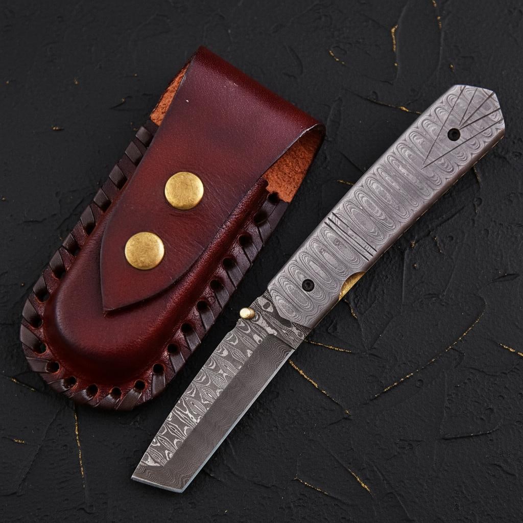 Hand Forged Twisted Damascus Steel Pocket Knife Custom Folding Liner Lock with Sheath - 3