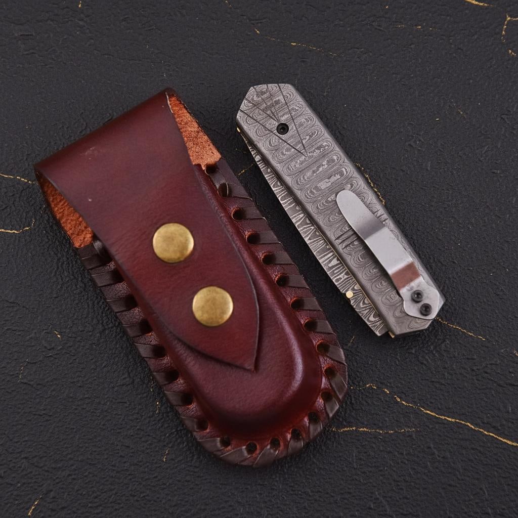 Hand Forged Twisted Damascus Steel Pocket Knife Custom Folding Liner Lock with Sheath - 6