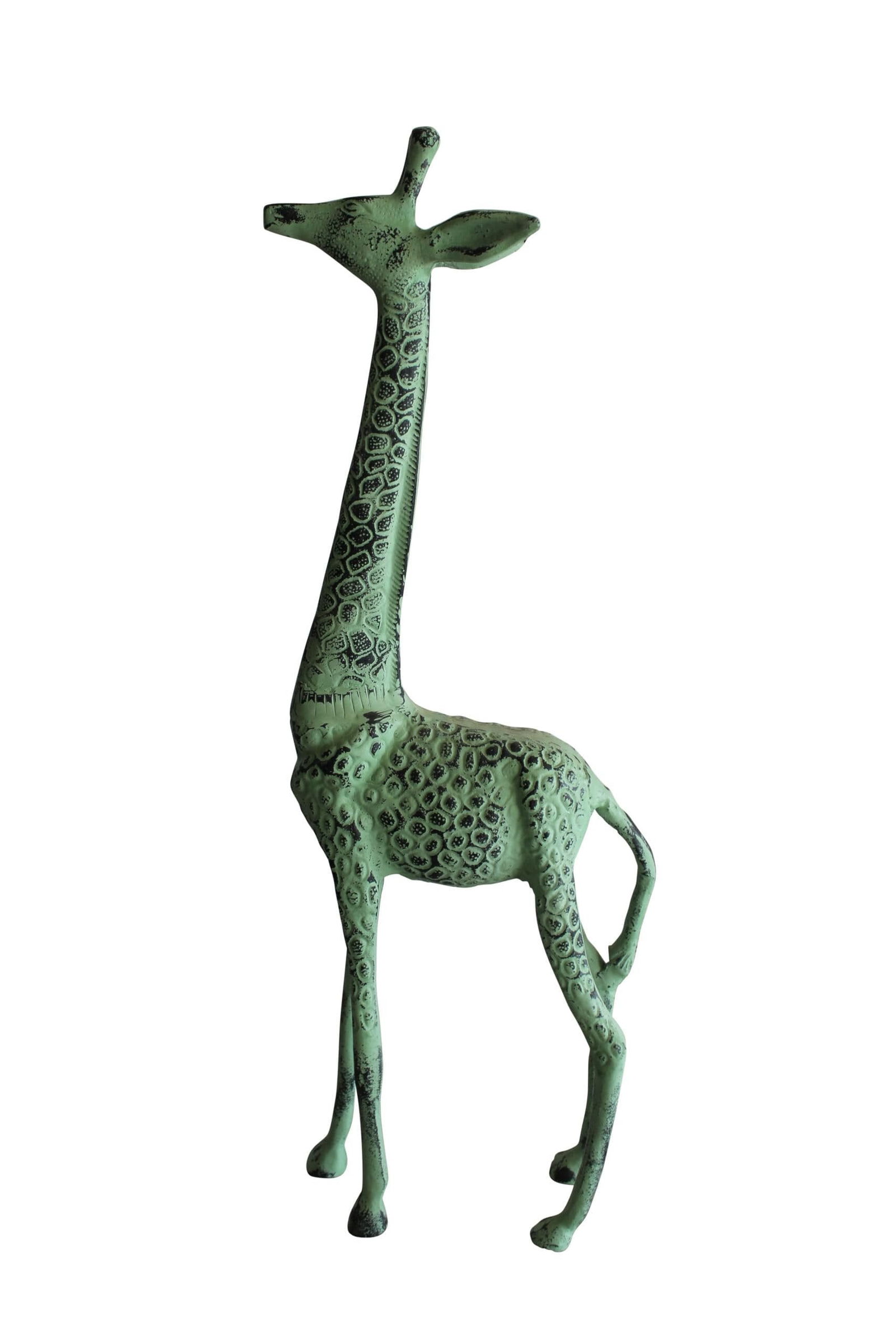 Aluminum Small Giraffe Statue with Green Patina Finish 10" x 4" x 27"H: Title:Aluminum Small Giraffe Statue with Green Patina Finish 10" x 4" x 27"HDescription:Introducing our pair of aluminum cranes with green patina finish. Handcrafted and casted, these elegant birds