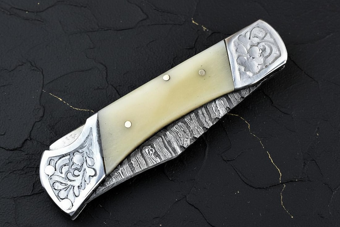 Hand Forged Damascus Steel Pocket Knife 7" Folding Lockback with Wood Handle Sheath: Title:Hand Forged Damascus Steel Pocket Knife 7" Folding Lockback with Wood Handle SheathDescription:This hand forged folding pocket knife by Shard Blade features a custom Damascus steel blade and a