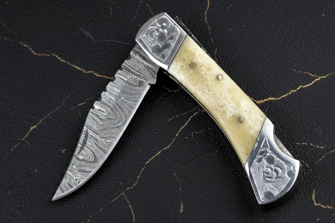 Hand Forged Damascus Steel Pocket Knife 7" Folding Lockback with Wood Handle Sheath - 2